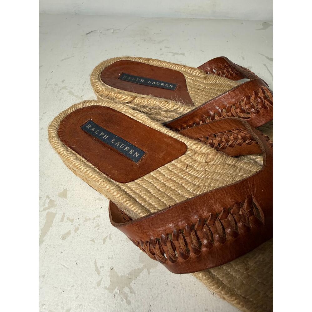 Ralph Lauren Brown Leather Jute Espadrille Thong Sandals Italy Blue Label 8.5 B - Picture 2 of 8
